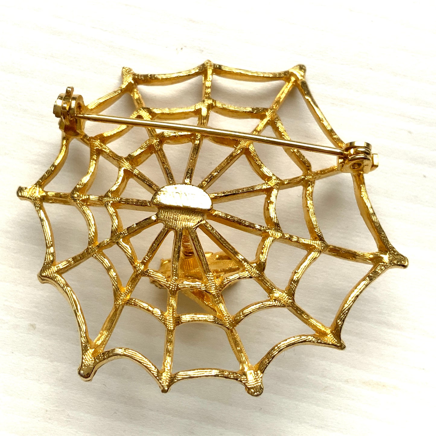 VINTAGE ANNE Gold Tone Spider Web & Trembler Rhinestone Fly Brooch