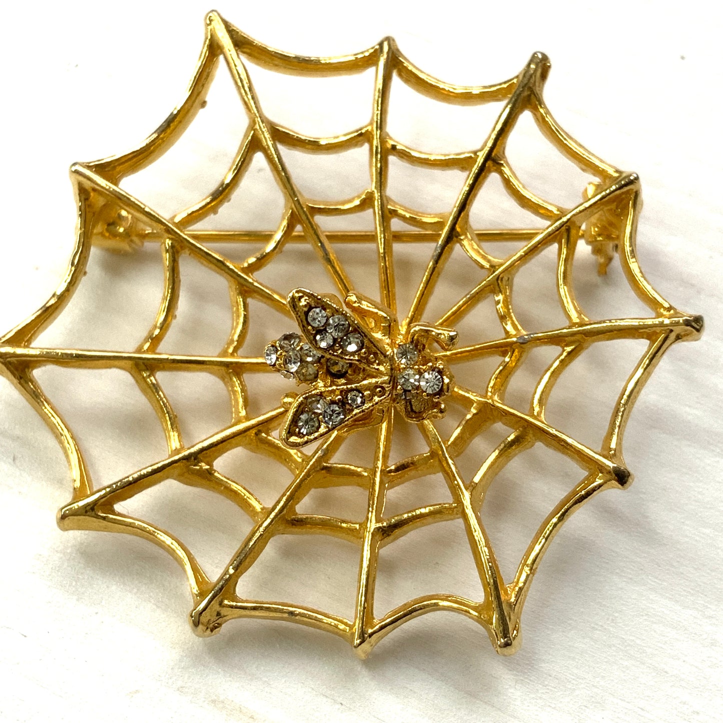 VINTAGE ANNE Gold Tone Spider Web & Trembler Rhinestone Fly Brooch