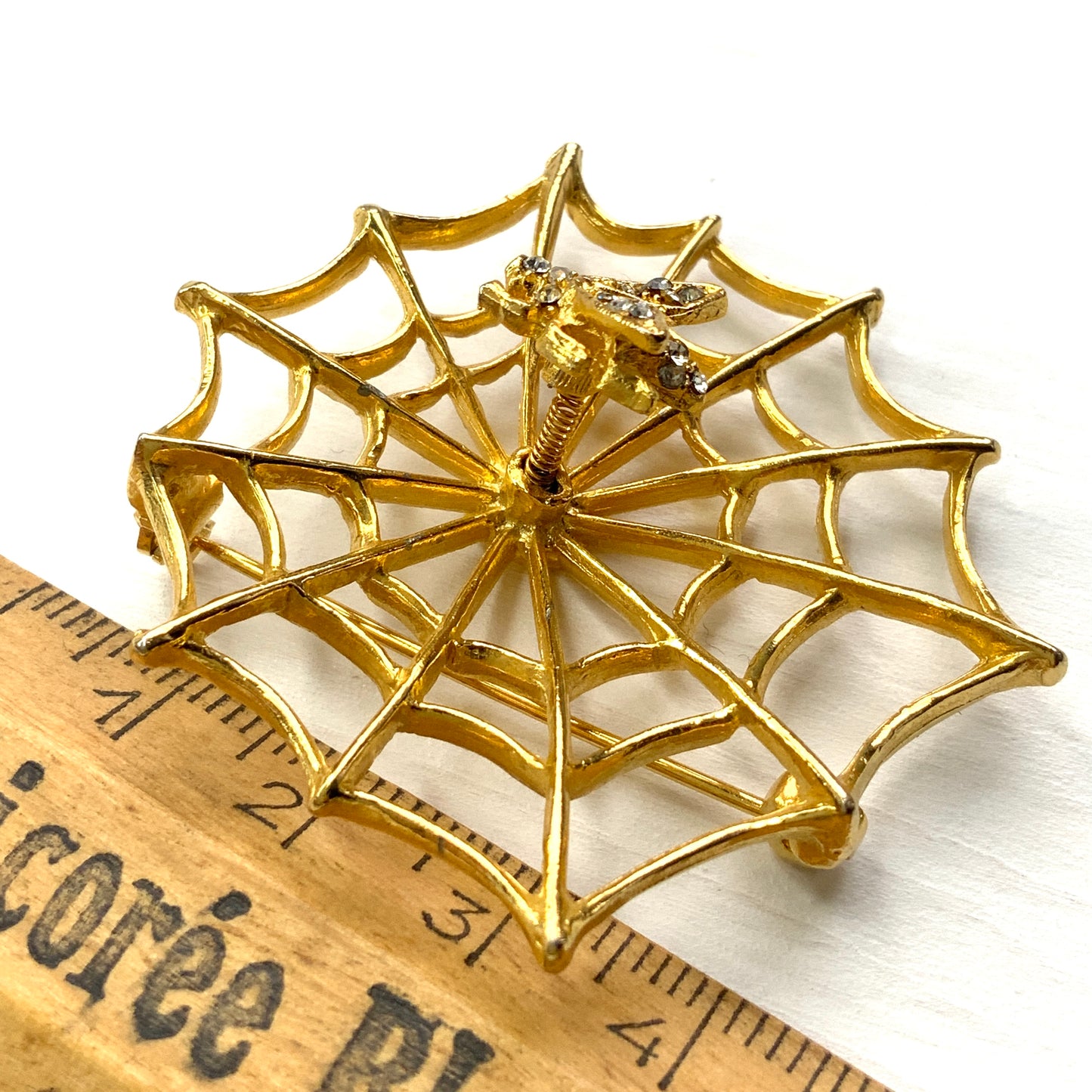 VINTAGE ANNE Gold Tone Spider Web & Trembler Rhinestone Fly Brooch