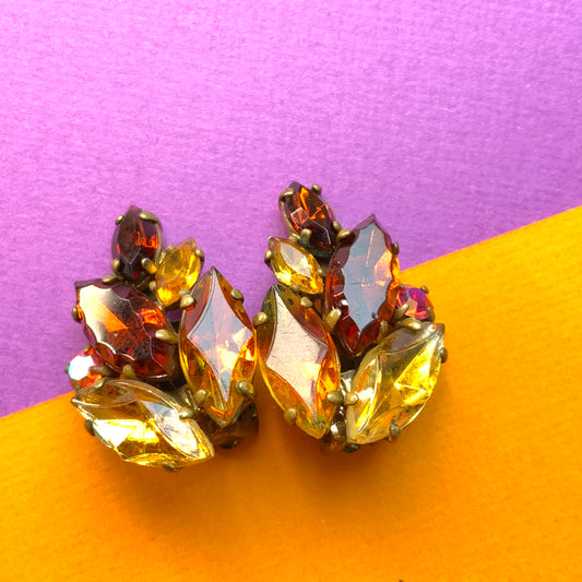 VINTAGE 1950's Orange/Yellow/Amber Marquise Rhinestones Clip Earrings