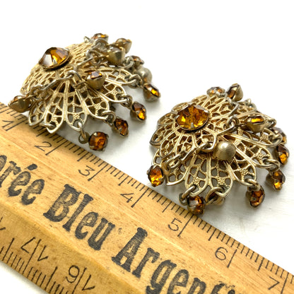 VINTAGE 1950-60's Gold Tone Filigree Flower Orange/Amber Rhinestone Fringe Clip Earrings