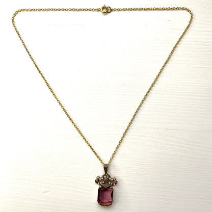 VINTAGE 1950-60's Purple Rectangular Glass & Rhinestone Crown Necklace