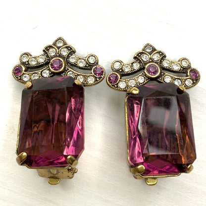 VINTAGE 1950-60's Purple Rectangular Glass & Rhinestone Crown Clip Earrings