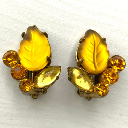 VINTAGE 1950's Orange/Amber Frosted Leaf Glass Clip Earrings