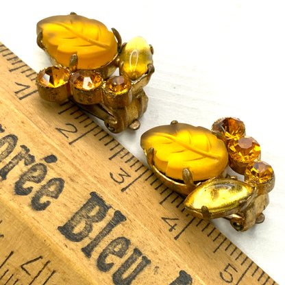 VINTAGE 1950's Orange/Amber Frosted Leaf Glass Clip Earrings