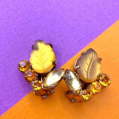 VINTAGE 1950's Orange/Amber Frosted Leaf Glass Clip Earrings