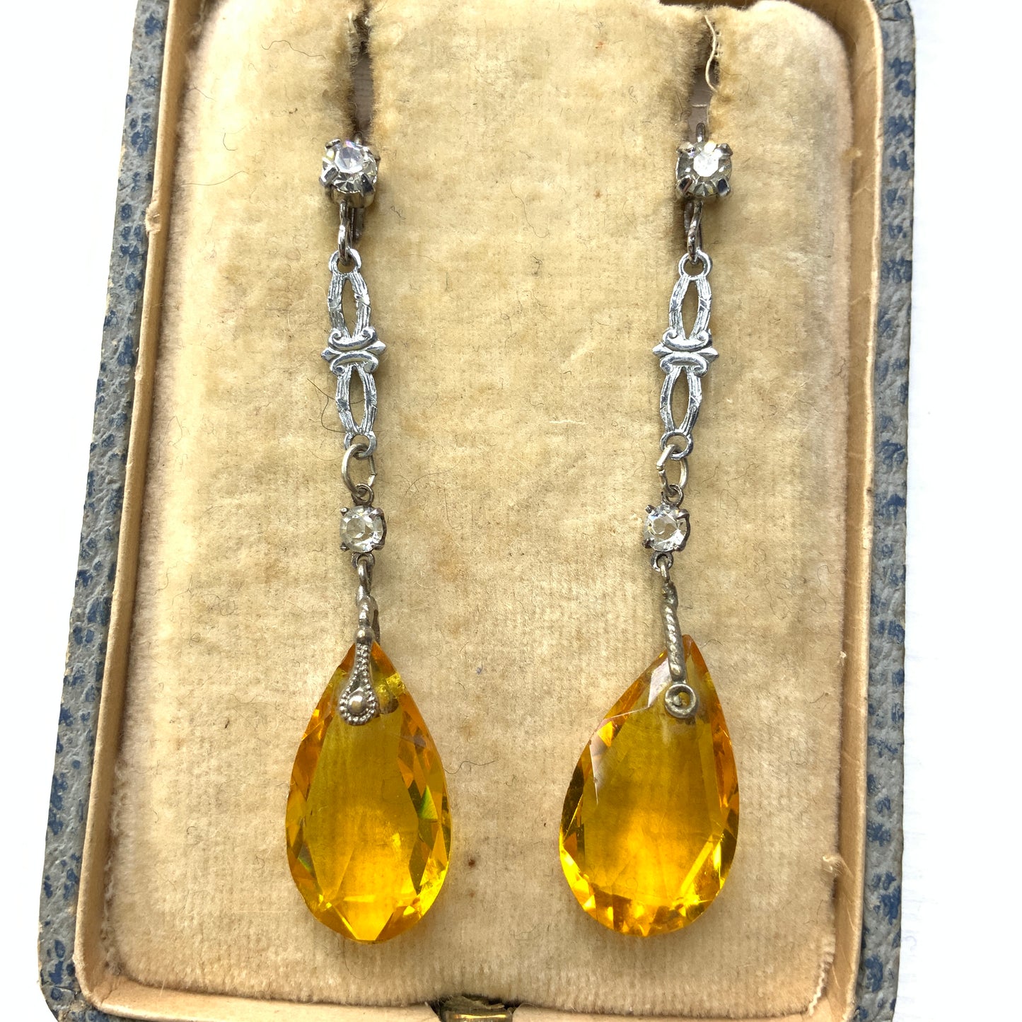 VINTAGE 1920's Yellow Teardrop Glass Dangle Pierced Earrings