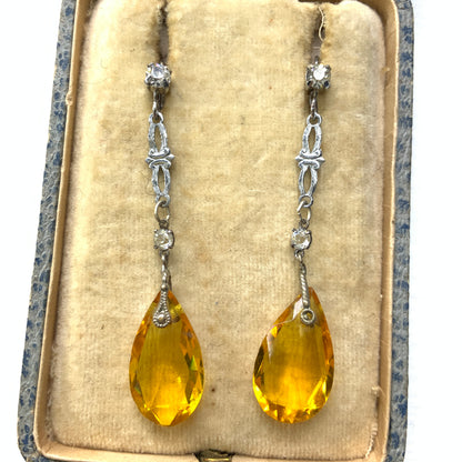 VINTAGE 1920's Yellow Teardrop Glass Dangle Pierced Earrings