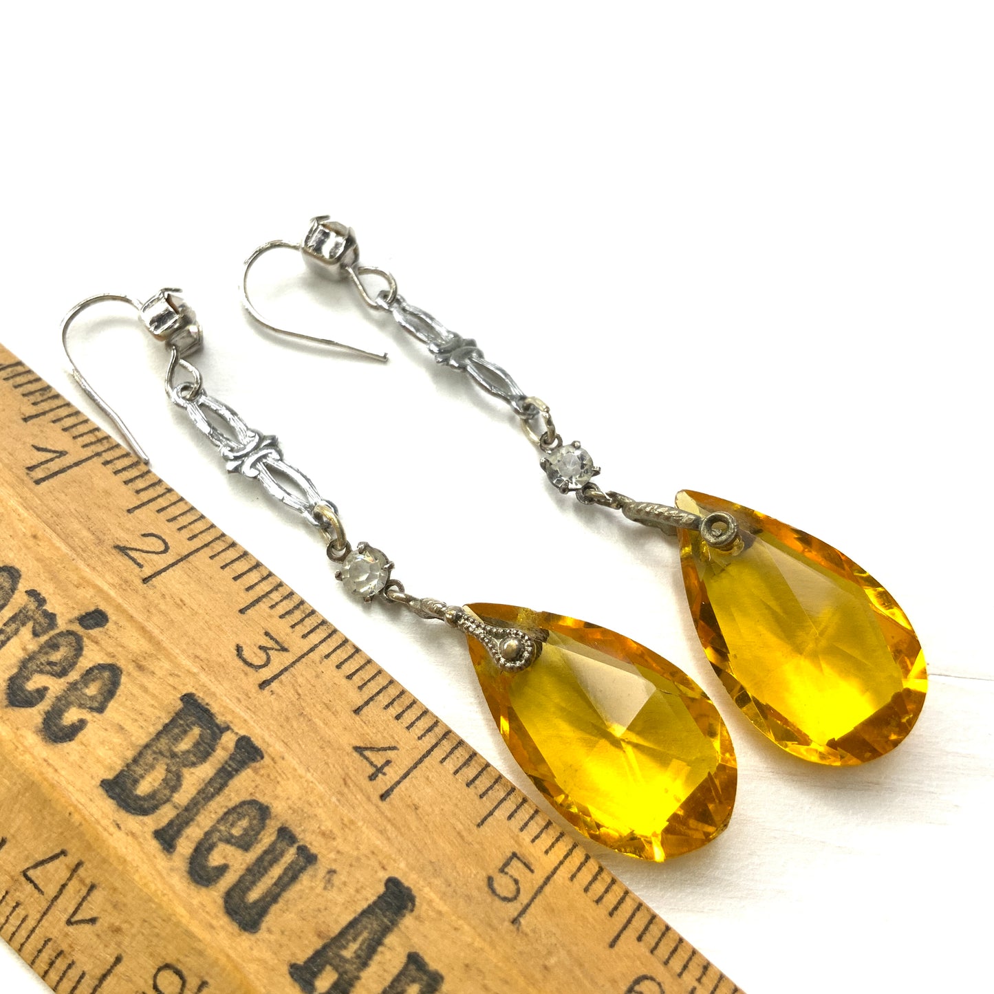 VINTAGE 1920's Yellow Teardrop Glass Dangle Pierced Earrings