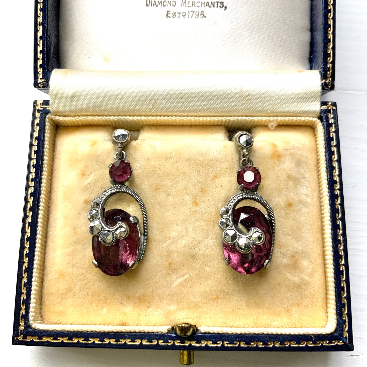 VINTAGE Marcaiste & Purple Oval Rhinestone Dangle Screw Earrings