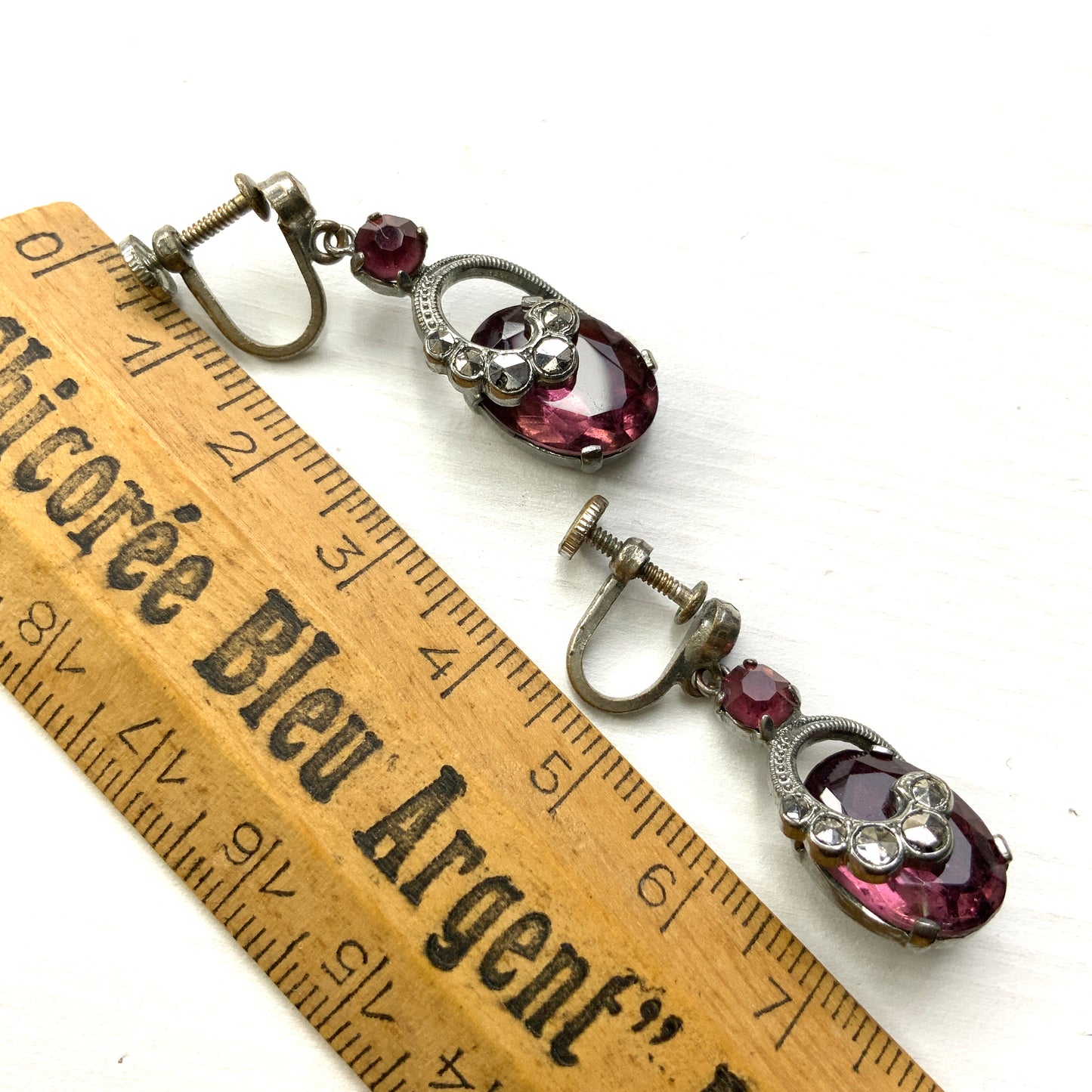 VINTAGE Marcaiste & Purple Oval Rhinestone Dangle Screw Earrings