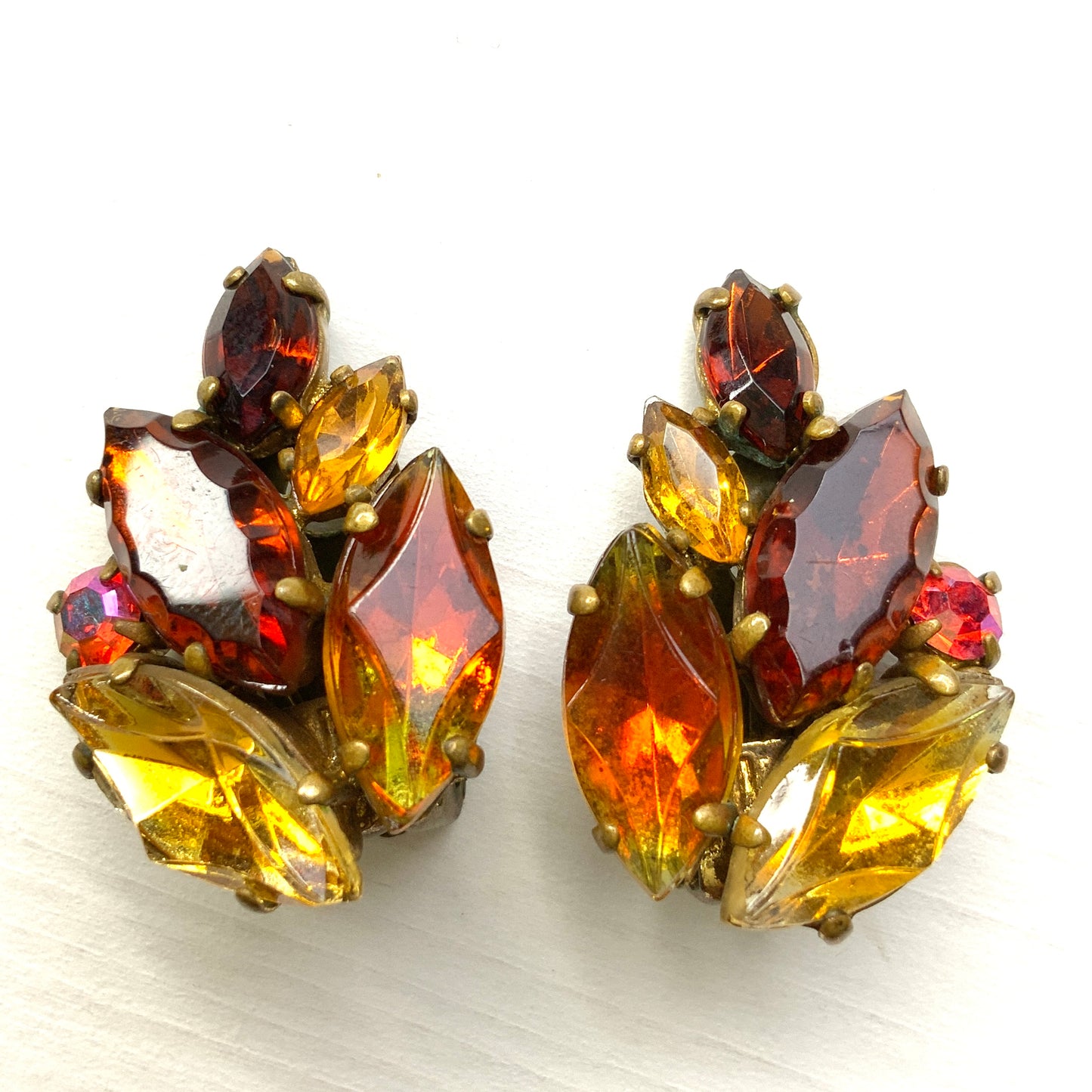 VINTAGE 1950's Orange/Yellow/Amber Marquise Rhinestones Clip Earrings