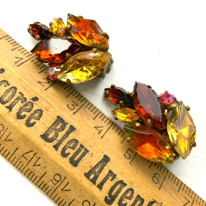 VINTAGE 1950's Orange/Yellow/Amber Marquise Rhinestones Clip Earrings