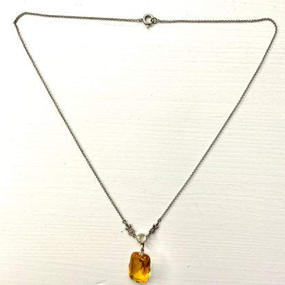 VINTAGE ART DECO Yellow Rectangular Glass Pendant Necklace