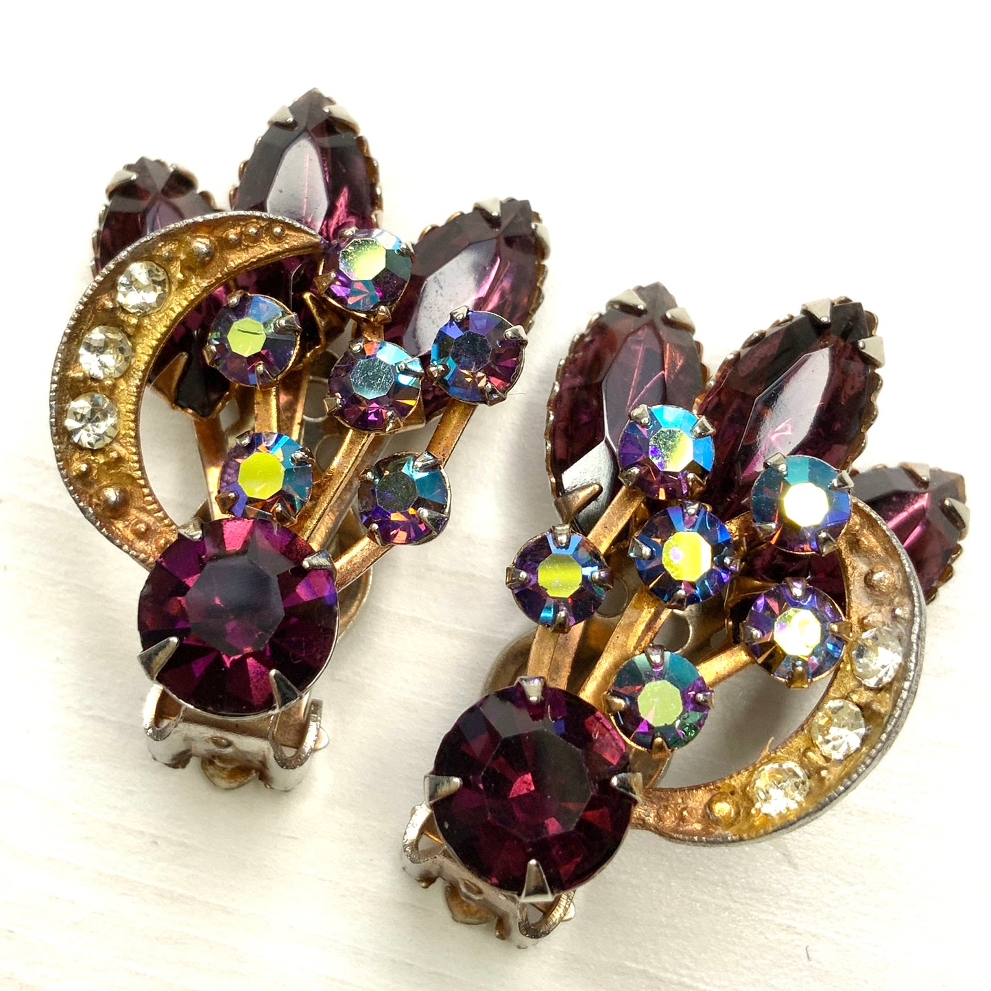 VINTAGE 1950-60's Purple Rhinestone & Gold Tone Crescent Clip Earrings