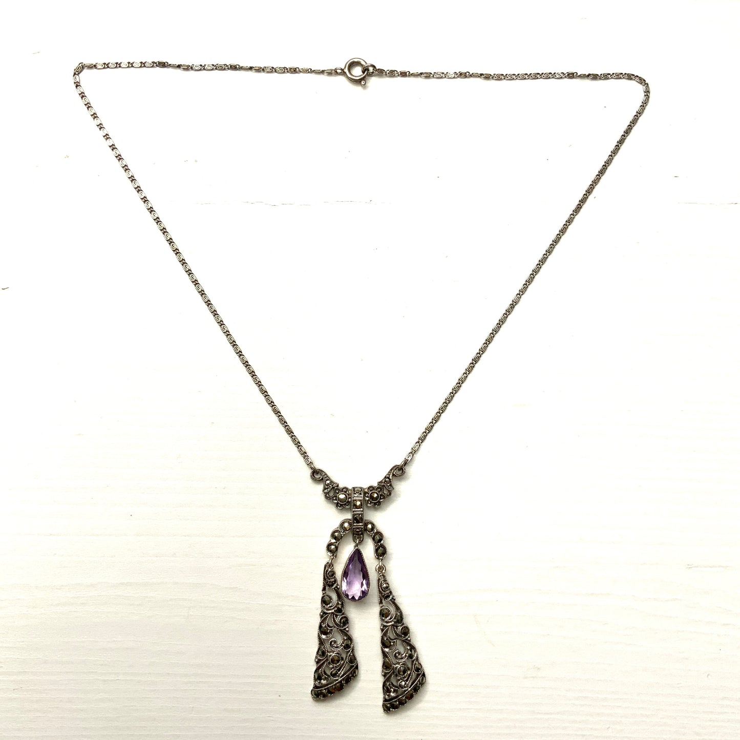 VINTAGE ART DECO Amethyst Teardrop & Marcasite Silver Ribbon Negligee Necklace