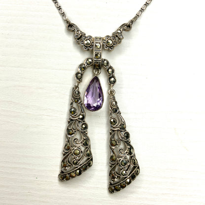 VINTAGE ART DECO Amethyst Teardrop & Marcasite Silver Ribbon Negligee Necklace