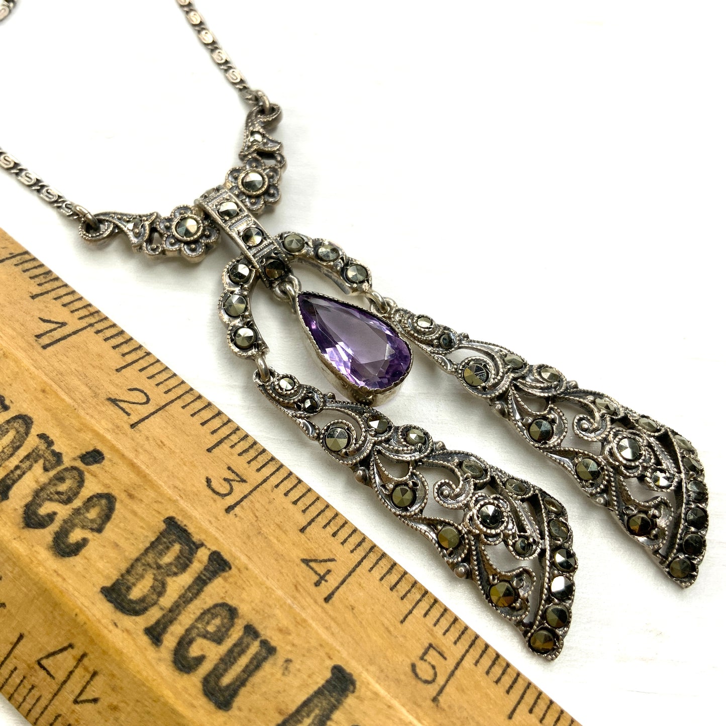 VINTAGE ART DECO Amethyst Teardrop & Marcasite Silver Ribbon Negligee Necklace