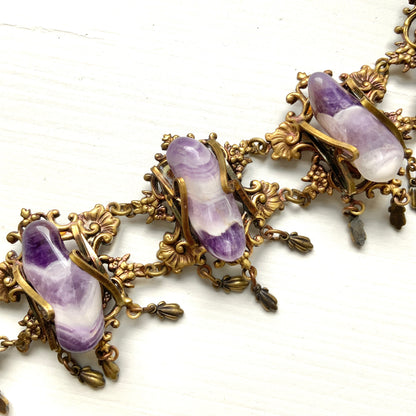 VINTAGE Amethyst & Decorative Gold Tone Metal Frame Bracelet