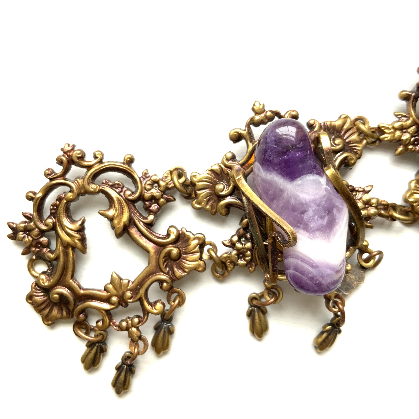 VINTAGE Amethyst & Decorative Gold Tone Metal Frame Bracelet