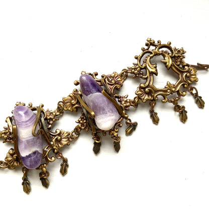 VINTAGE Amethyst & Decorative Gold Tone Metal Frame Bracelet