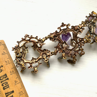 VINTAGE Amethyst & Decorative Gold Tone Metal Frame Bracelet