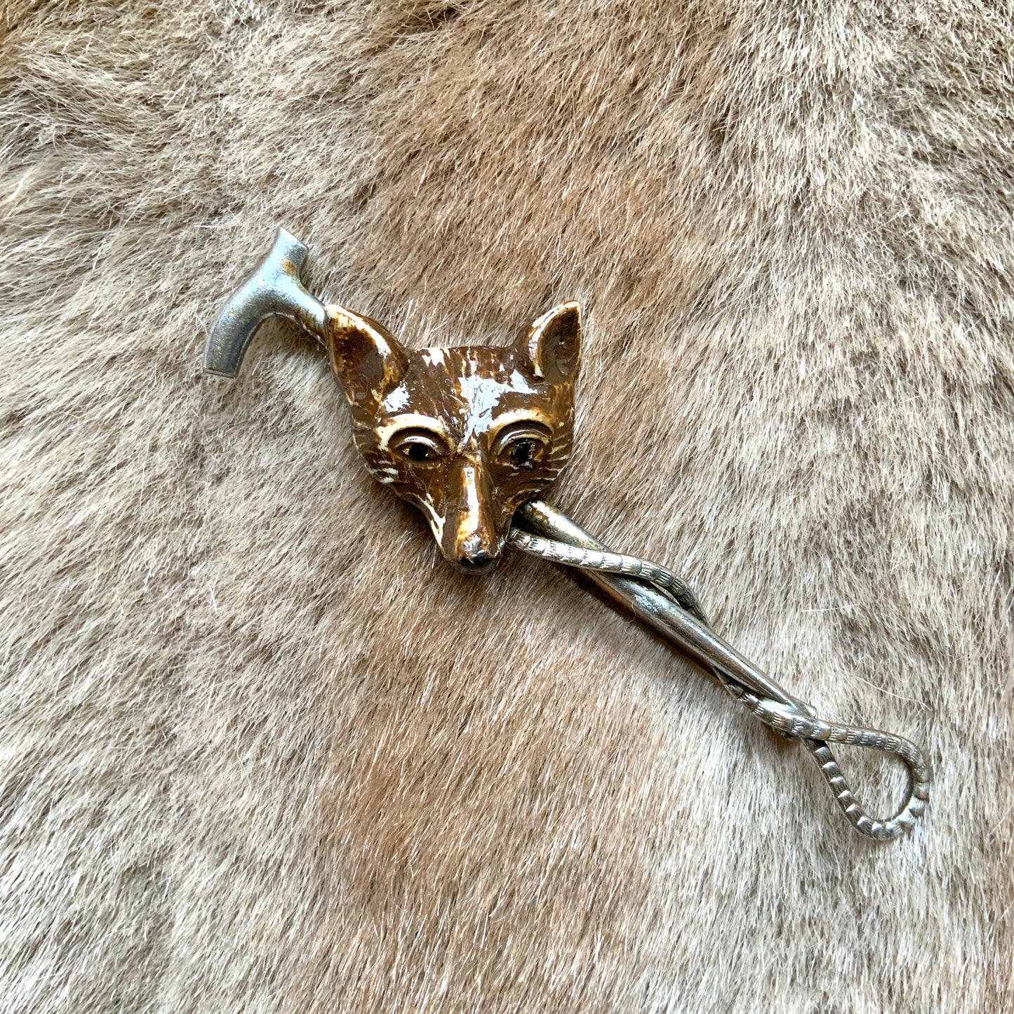 VINTAGE Plastic Fox & Riding Crop Brooch