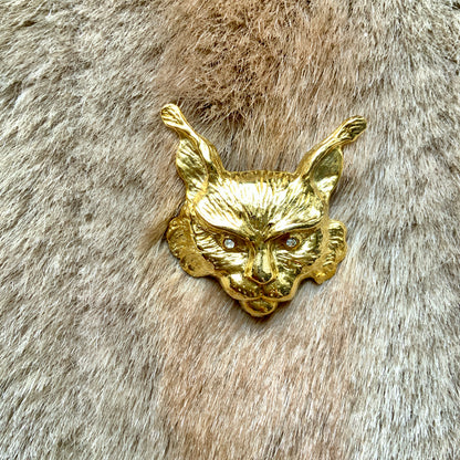 VINTAGE Gold Tone Lynx Face Brooch