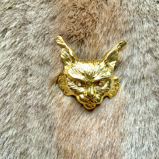 VINTAGE Gold Tone Lynx Face Brooch