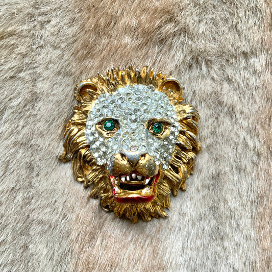 VINTAGE 1970's SPHINX Gold Tone & Rhinestone Lion Head Brooch