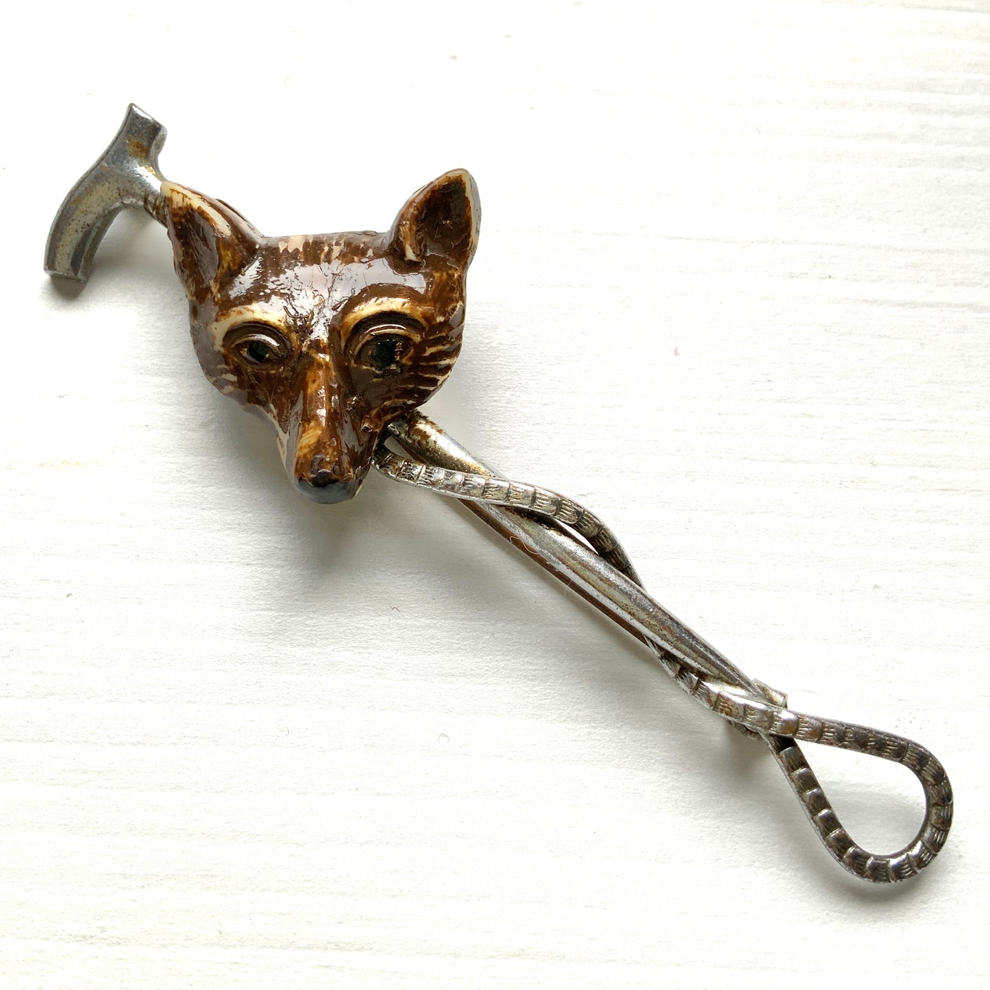 VINTAGE Plastic Fox & Riding Crop Brooch