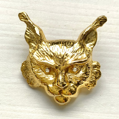 VINTAGE Gold Tone Lynx Face Brooch