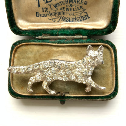 VINTAGE Rhinestone Fox Silver Brooch