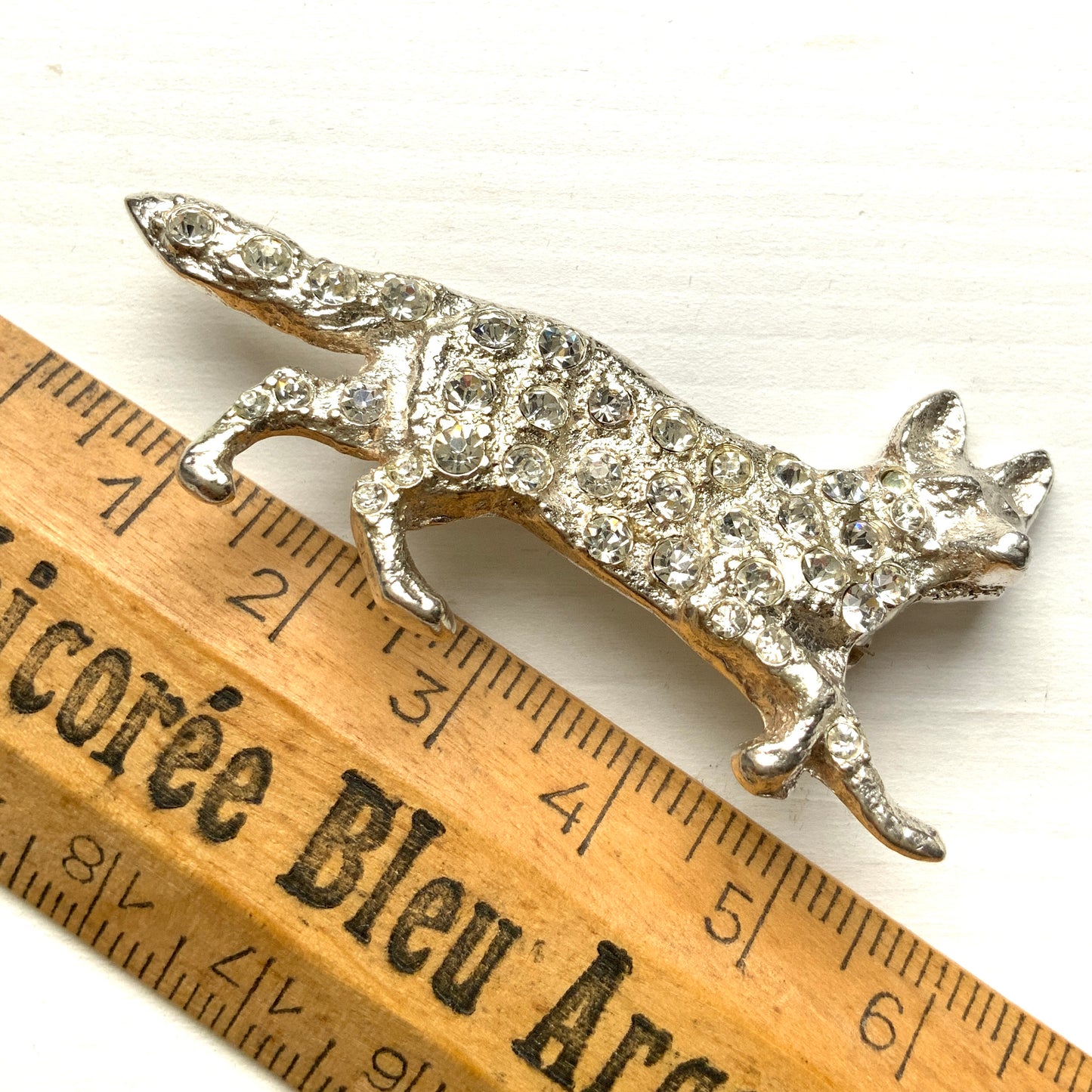 VINTAGE Rhinestone Fox Silver Brooch