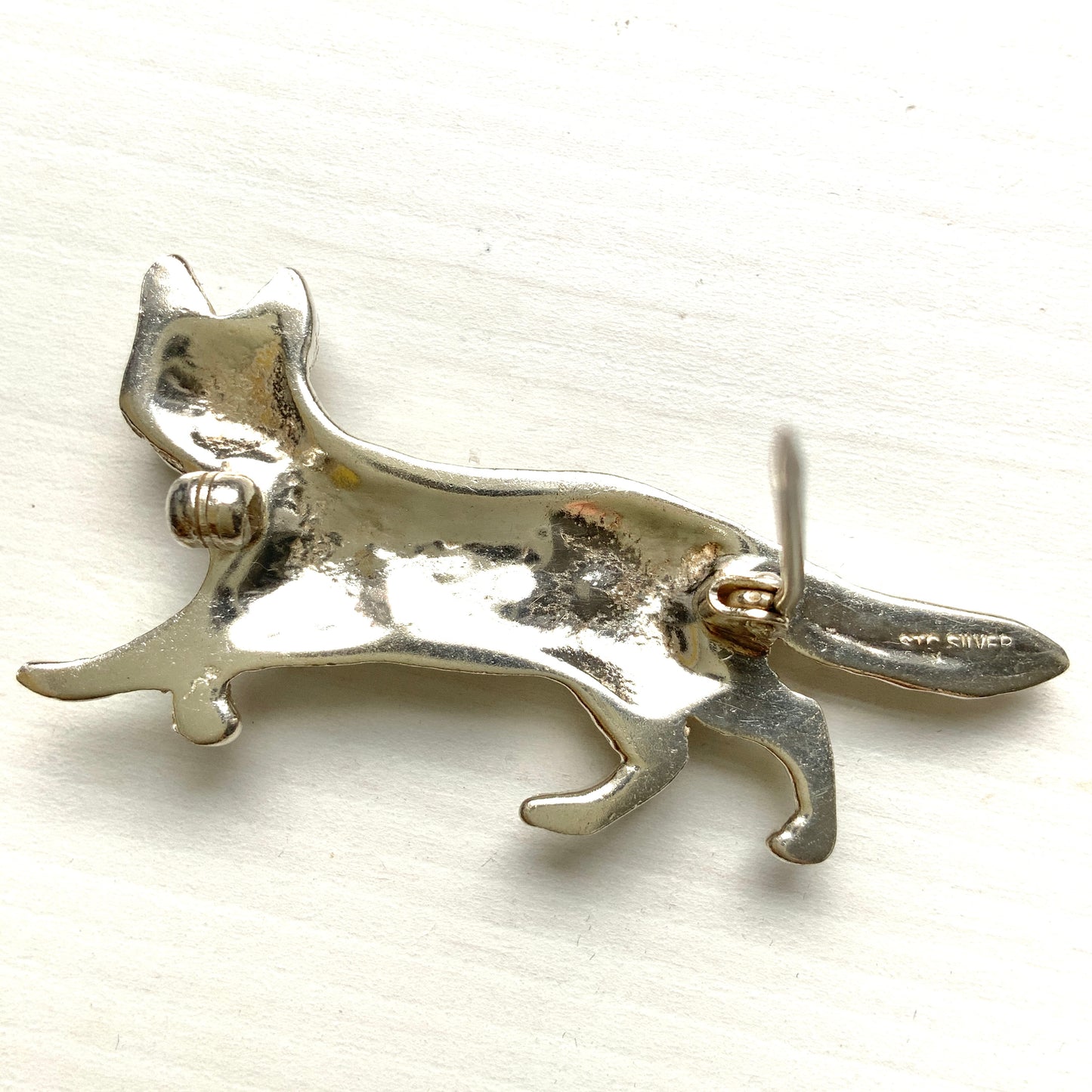 VINTAGE Rhinestone Fox Silver Brooch