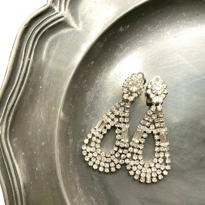 VINTAGE 1950's Rhinestone Teardrop Hoop Clip Earrings