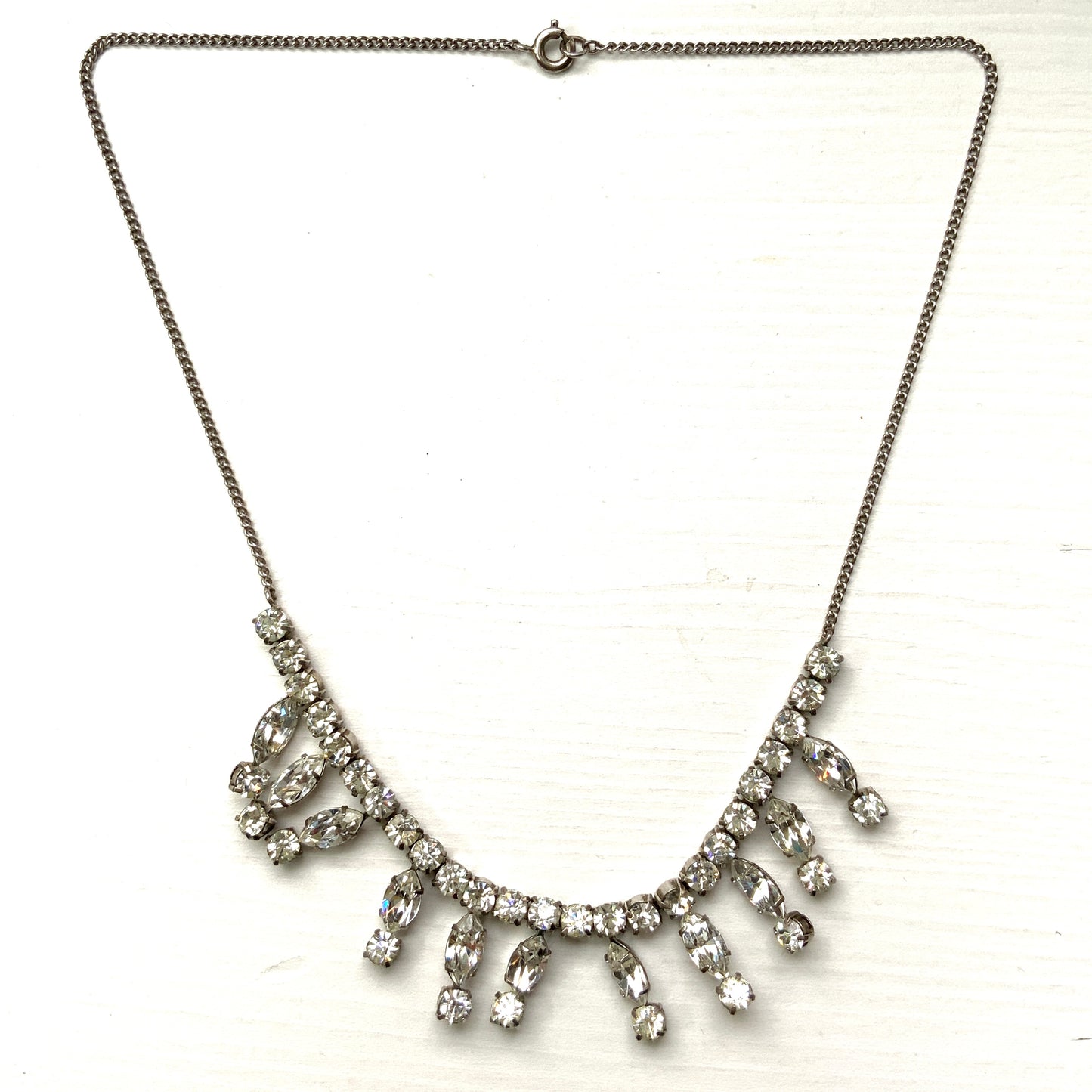 VINTAGE 1940-50's Marquise Rhinestone Fringe Silver Necklace