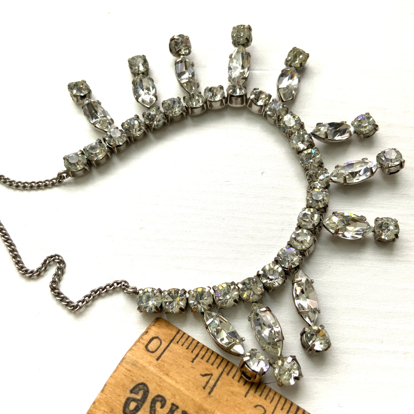 VINTAGE 1940-50's Marquise Rhinestone Fringe Silver Necklace