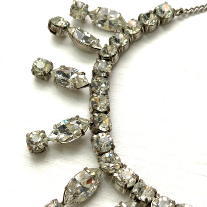 VINTAGE 1940-50's Marquise Rhinestone Fringe Silver Necklace