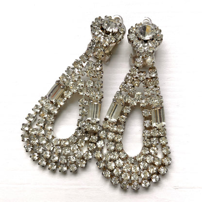 VINTAGE 1950's Rhinestone Teardrop Hoop Clip Earrings