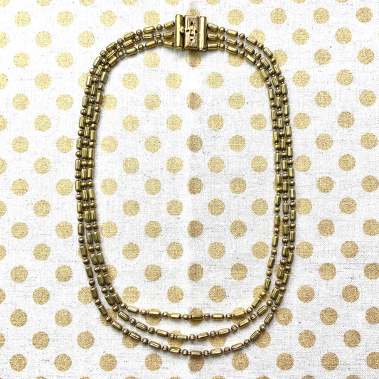 VINTAGE 1930's 3-strand Gold Tone Bead Ball Chain Necklace