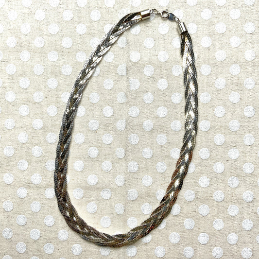 VINTAGE 1980's Silver Tone Herringbone Chain Braided Necklace