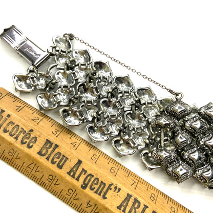 VINTAGE JEWELCRAFT Silver Tone Diamond Link Wide Bracelet