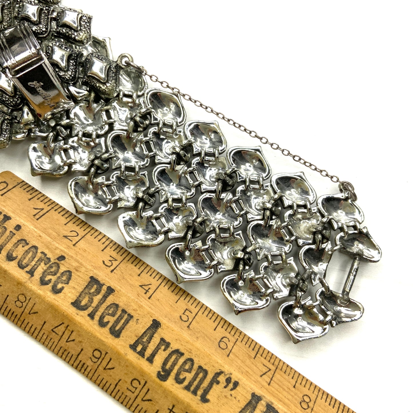 VINTAGE JEWELCRAFT Silver Tone Diamond Link Wide Bracelet