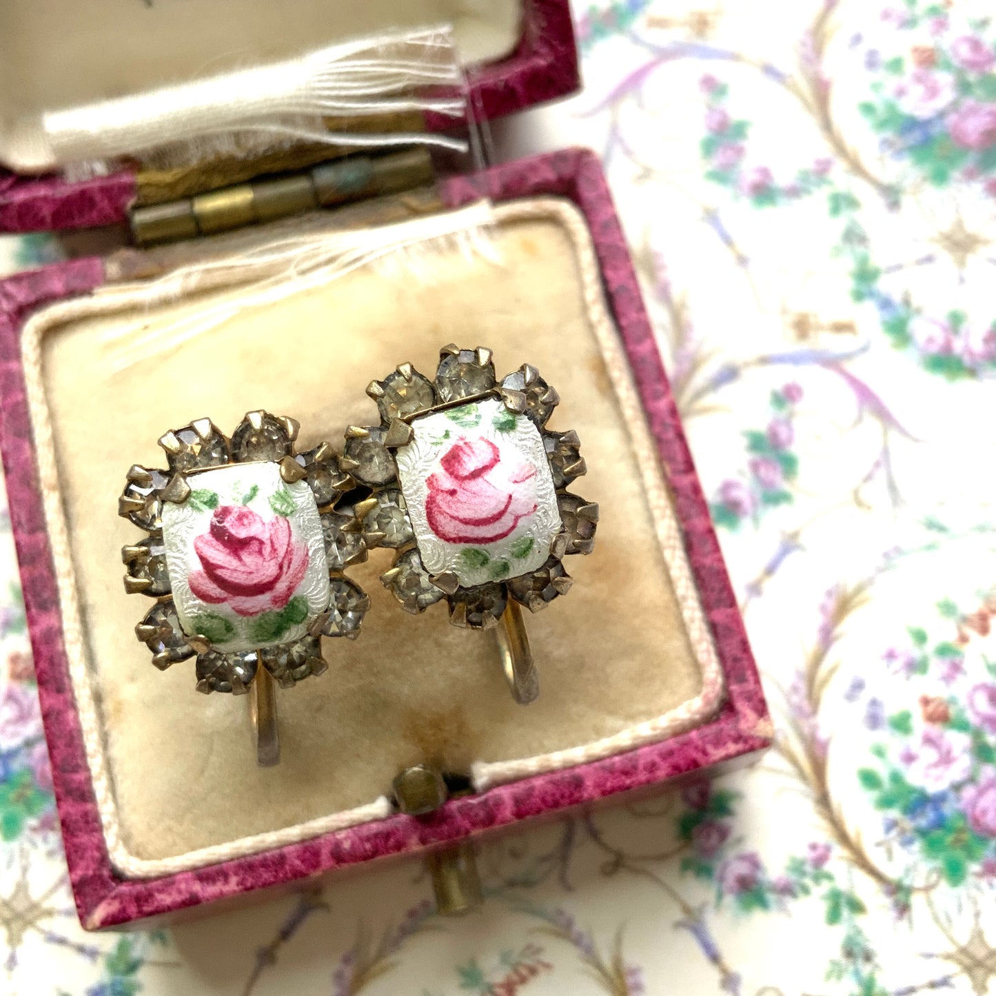 VINTAGE 1950's Enamelled Guilloche Pink Rose & Rhinestone Screw Earrings