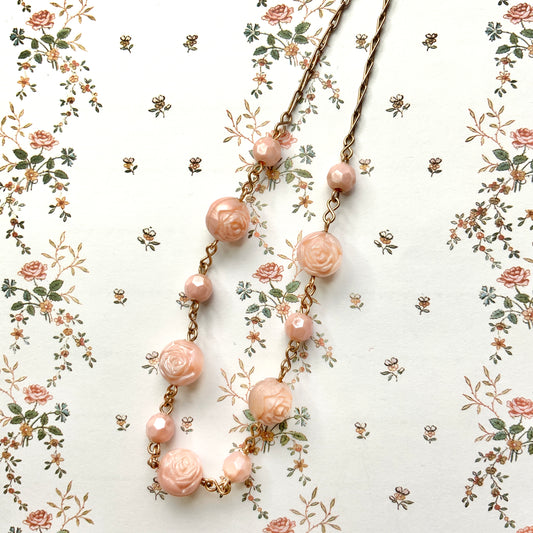 VINTAGE ART DECO Pink Plastic Rose Beads Necklace