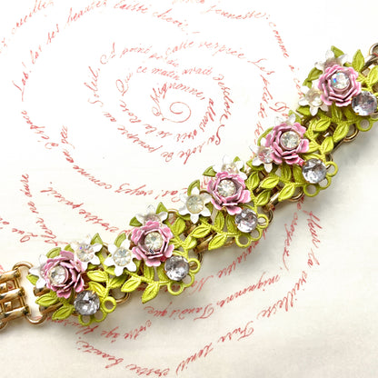 VINTAGE 1950's Enamel Pink Rose & White Flower Bracelet