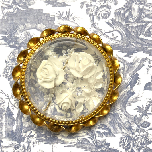 VINTAGE 1930-40's Reverse Carved White Rose Round Brooch