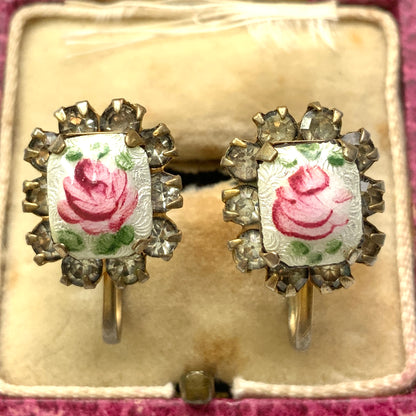 VINTAGE 1950's Enamelled Guilloche Pink Rose & Rhinestone Screw Earrings