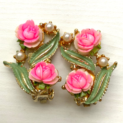 VINTAGE Pink Plastic Rose & Pearl Clip Earrings